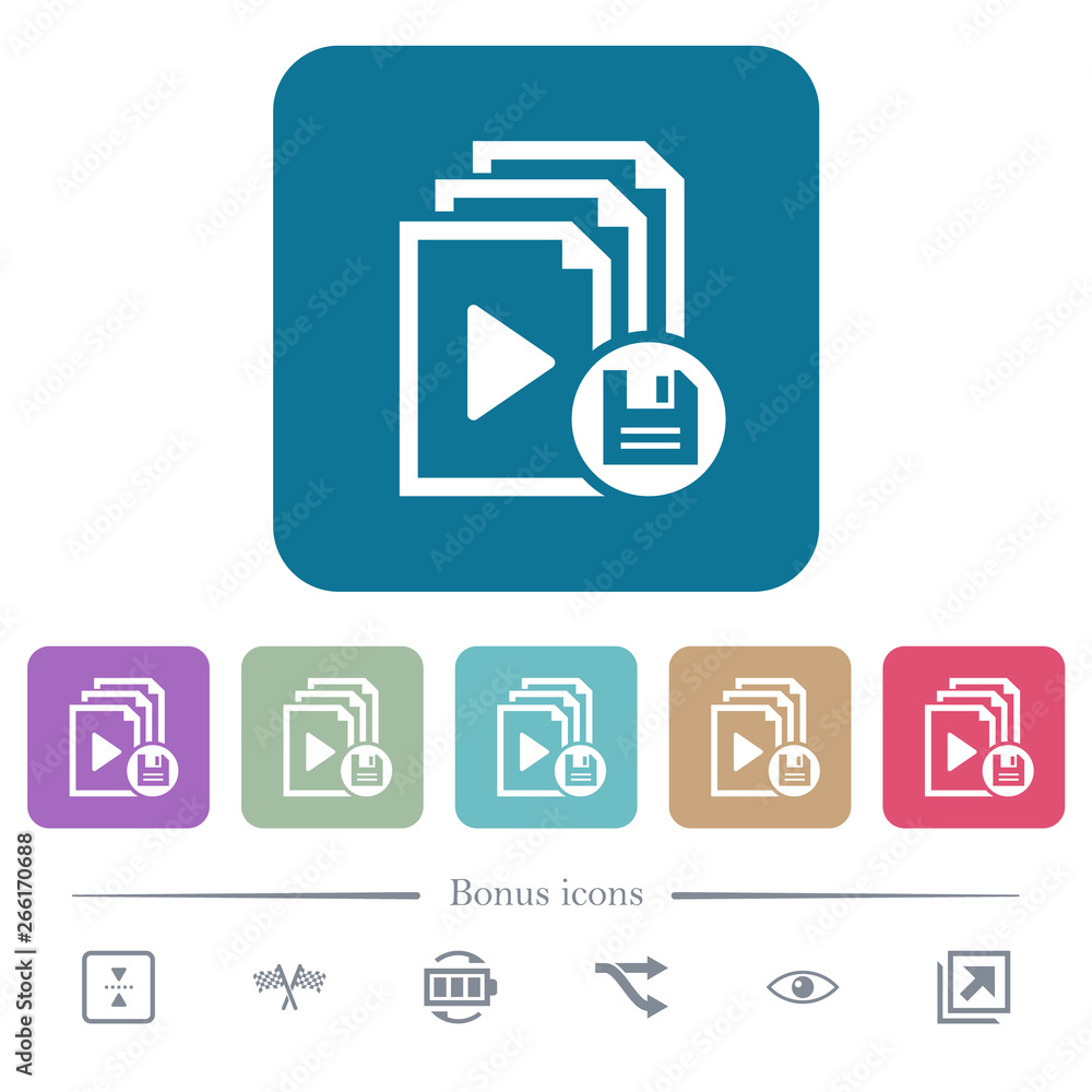 Poster save playlist flat icons on color rounded square backgrounds