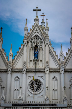 our lady of dourdes church top view with blue sky