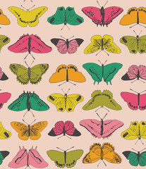 Butterfly catalog seamless pattern in pink. Colorful illustration of a collection of butterflies in detail for backgrounds, fashion, textile, wrapping paper and wallpaper