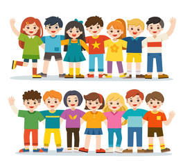 Group of smiling boys and girls. Happy student standing together and waving hands. Isolated on white background.