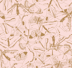 Butterfly elegant and subtle texture seamless pattern in pink. Monochromatic outline illustration with detail for backgrounds, fashion, textile, wrapping paper and wallpaper