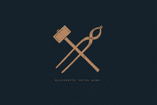 Hand drawn blacksmith tools on a dark background. Crossed hammer and tongs. Old logo, symbol in retro style. Monochrome style. Vector illustration.