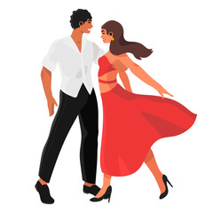 Vector illustration of young people practicing ballroom dancing. A pationate couple dancing in a studio, party or competition.