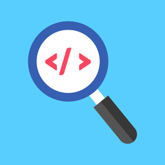 Code review, inspect element concepts. Magnifying glass with code brackets symbol. Flat style design. Vector icon
