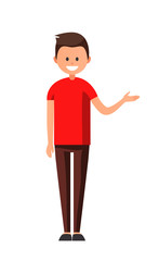 Front view animated character. Designer character. Cartoon style, flat vector illustration of smiling boy with short hair in casual clothes. Standing man with hand up. Choosing pose. Presentation