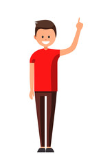 Front view animated character. Designer character. Cartoon style, flat vector illustration of smiling boy with short hair in casual clothes. Man with hand up. Choosing pose.