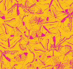 Fototapeta na wymiar Butterfly elegant and subtle texture seamless pattern in yellow and pink. Monochromatic outline illustration with detail for backgrounds, fashion, textile, wrapping paper and wallpaper