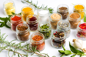 Large collection of spices in small bowls