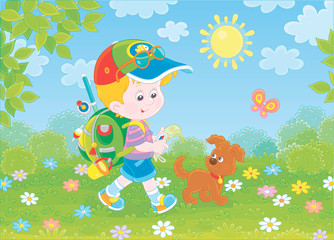 Little boy traveler with a backpack, a map, a compass and his small pup walking through a forest on a sunny summer day, vector illustration in a cartoon style