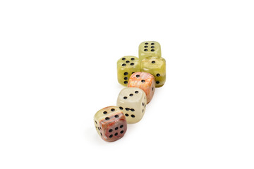 Dices made of natural stone on a white background. Copy space. Gaming.