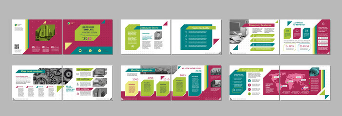 Obraz premium Brochure creative design. Multipurpose template with cover, back and inside pages. Trendy minimalist flat geometric design. Horizontal landscape a4 format.