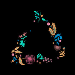 Floral ornate swoosh frame with green foliage and flower background. Flower garland for beauty natural products. Botanical folklore hand-painted gouache illustration for creation of textile design.