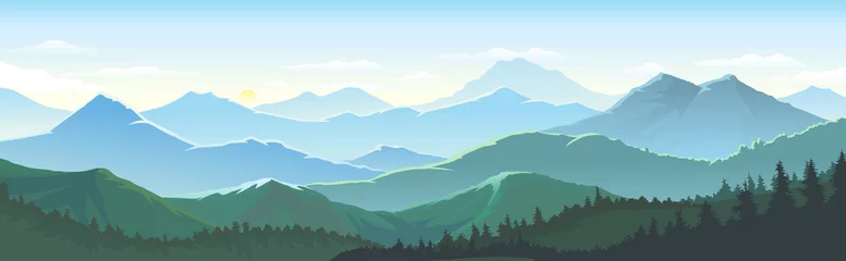 Poster Im Rahmen Große Anzahl von Bergen, weite Landschaften, die den Horizont berühren, Himmel und dichter üppiger Wald © ActiveLines