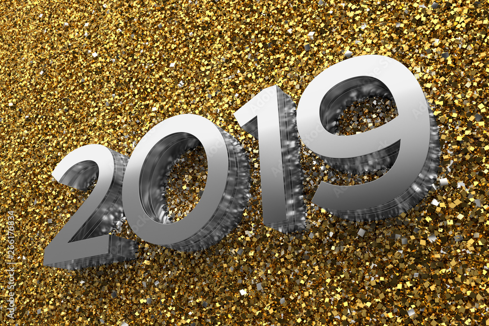 Poster 3d rendering illustration. metal 20190title. abstract background with year number.