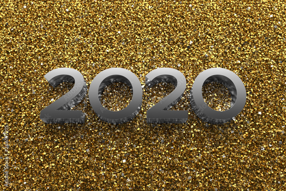 Poster 3d rendering illustration. metal title 2020. abstract background with year number.