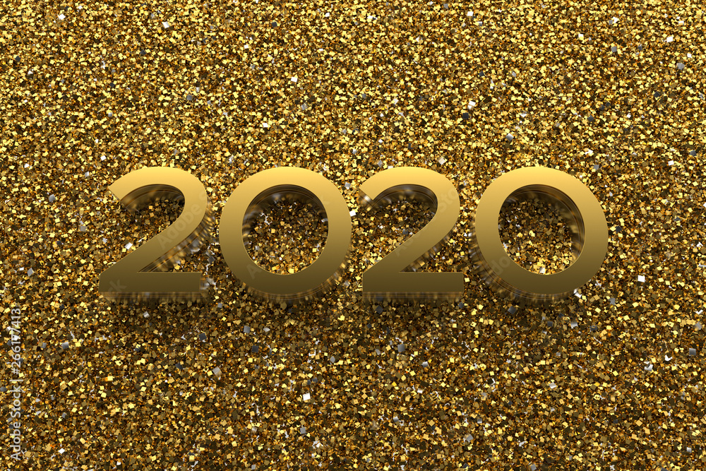 Poster 3d rendering illustration. metal title 2020. abstract background with year number.