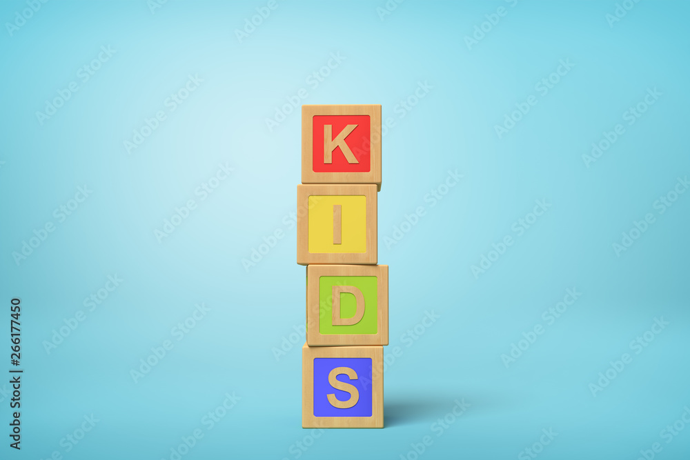 Poster 3d rendering of alphabet toy blocks on blue background.