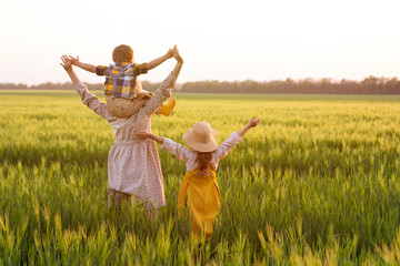 Happy family, mom, son and girl in straw hat in wheat field at sunset.  The concept of organic farming and healthy lifestyle, healthy food, happiness and joy
