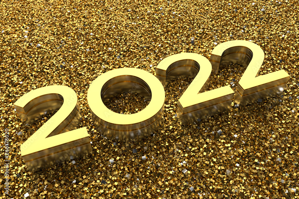 Poster 3d rendering illustration. metal 2022 title. abstract background with year number.