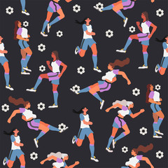 Seamless pattern with women playing soccer or football on a black background that can be used for wrapping, fabric, wallpaper, textile and other decoration.