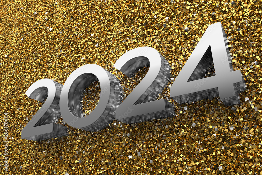 Aufkleber 3d rendering illustration. metal 2024 title. abstract background with year number.