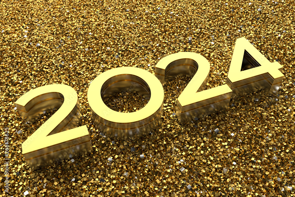 Poster 3d rendering illustration. metal 2024 title. abstract background with year number.
