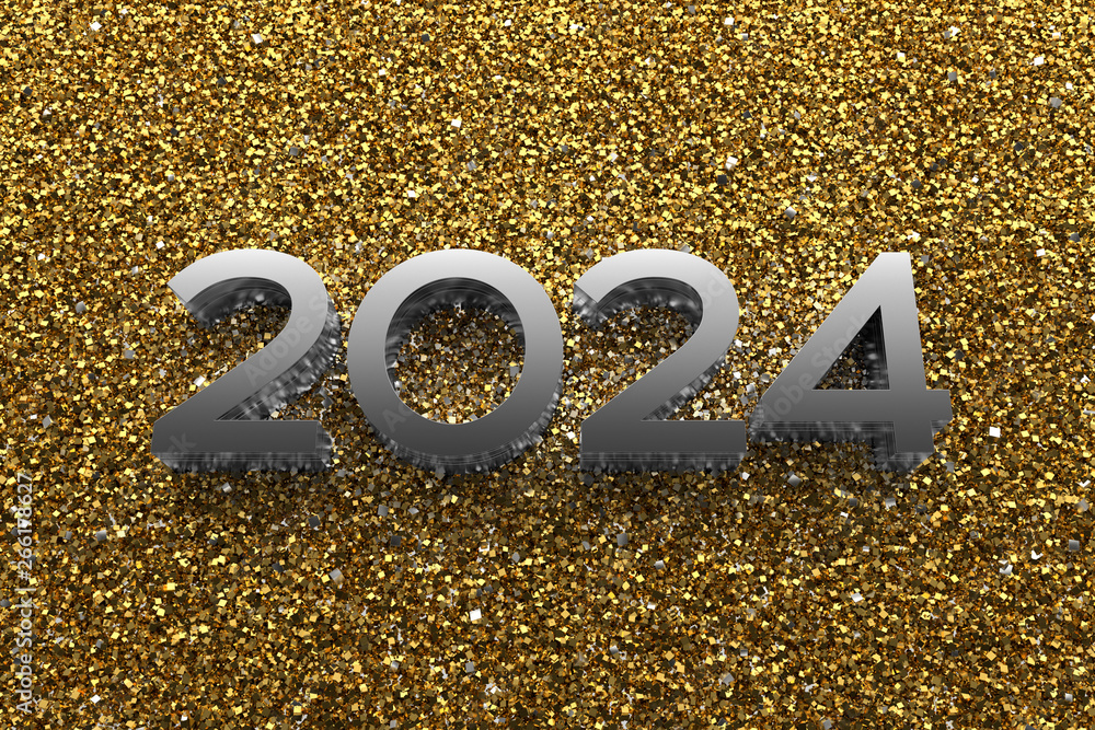 Poster 3d rendering illustration. metal 2024 title. abstract background with year number.