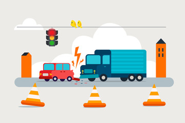 Accident on road. Collision truck and passenger car.Failure to respect traffic rules. Flat vector Illustration.