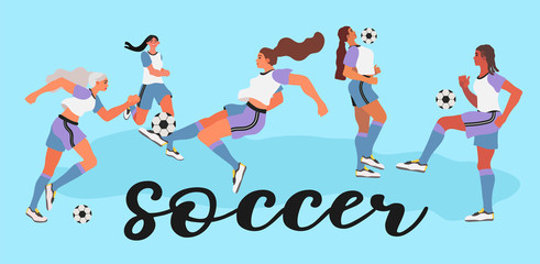 Vector illustration of women in a uniform playing soccer, football. Creative banner, poster or landing page for woman soccer game or girl football club.