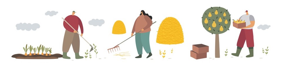 A group of farmers engaged in agricultural activities. Work and cleaning in the garden. People working in the field. Farmland. Trendy flat vector illustration.