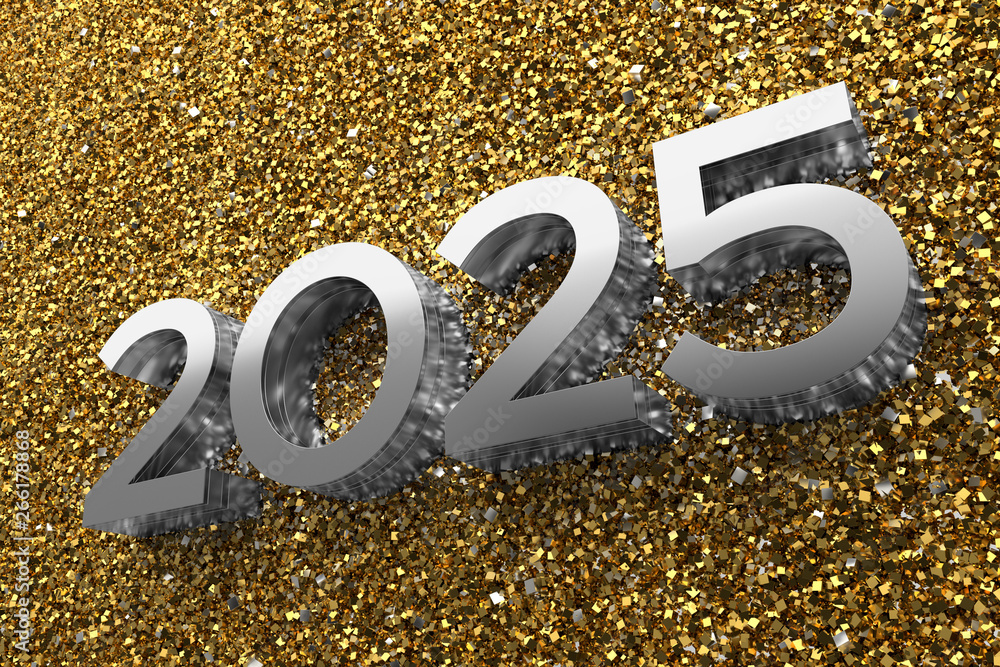 Poster 3d rendering illustration. metal 2025 title. abstract background with year number.