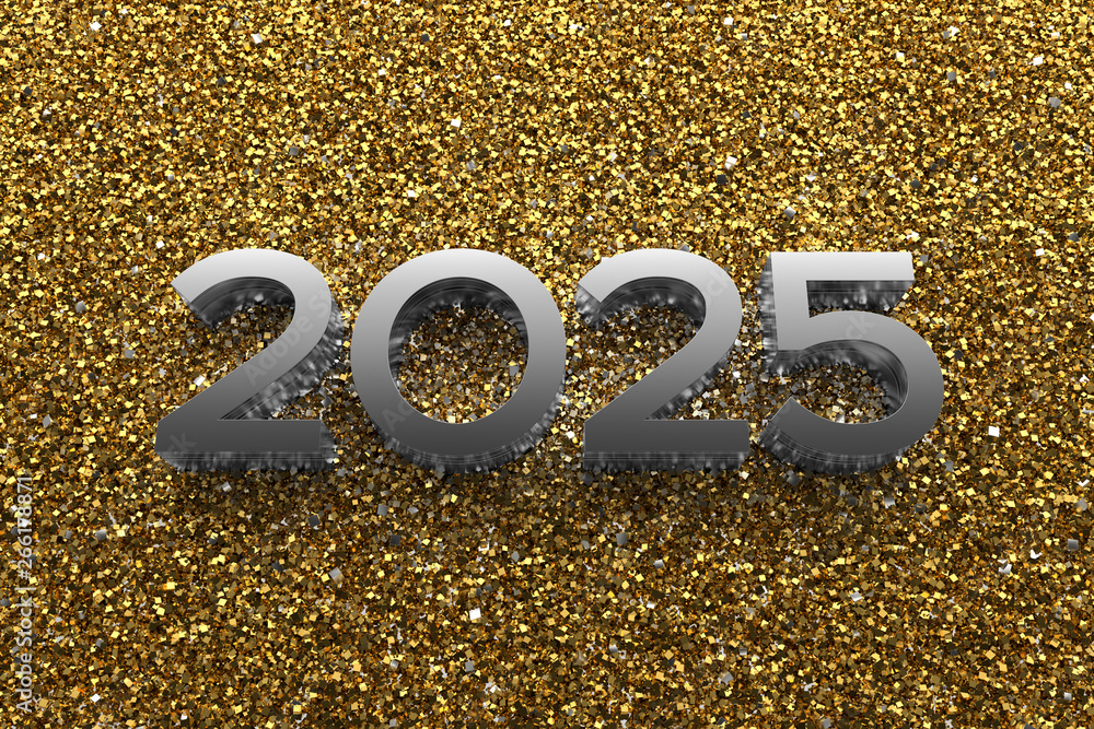 Poster 3d rendering illustration. metal 2025 title. abstract background with year number.