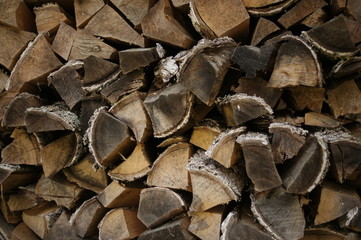 Firewood for the fireplace. Wooden logs, wood pile. Sawmill and planks.
