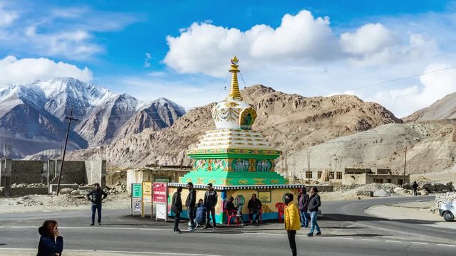 4K Timelapse of Beautiful buddhist stupa with blue sky cloudy near Pangong Lake in Leh, Ladakh, Jammu and Kashmir, India