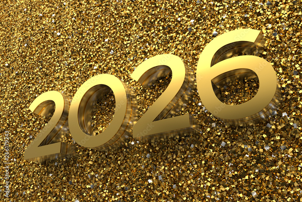 Poster 3d rendering illustration. metal 2026 title. abstract background with year number.
