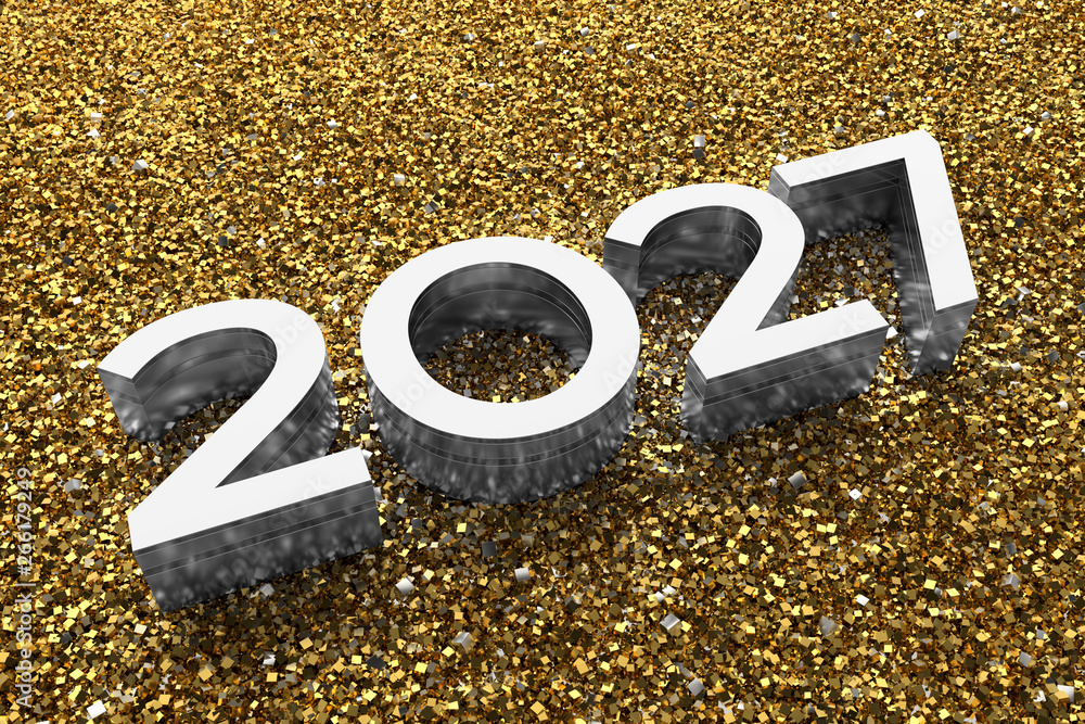Poster 3d rendering illustration. metal 2027 title. abstract background with year number.