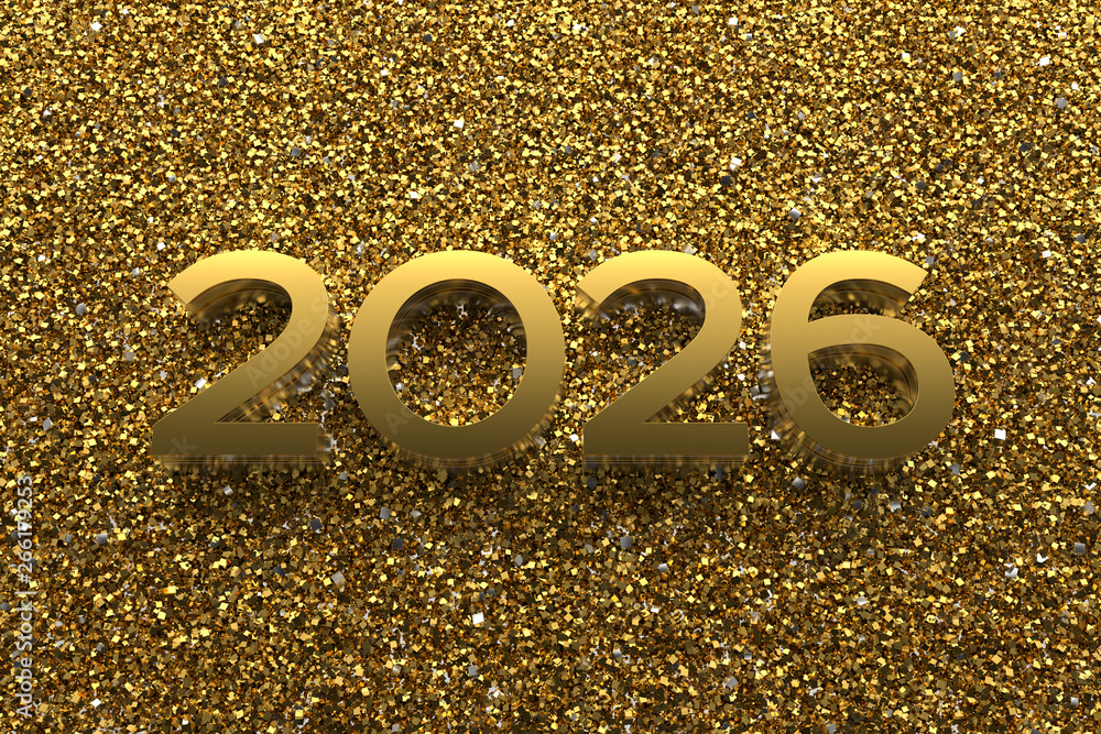 Poster 3d rendering illustration. metal 2026 title. abstract background with year number.