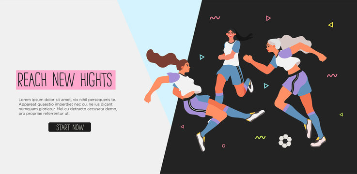 Vector illustration of women in a uniform playing soccer, football. Creative banner, poster or landing page for woman soccer game or girl football club.