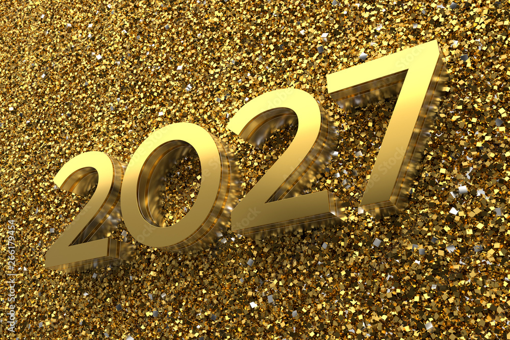 Poster 3d rendering illustration. metal 2027 title. abstract background with year number.