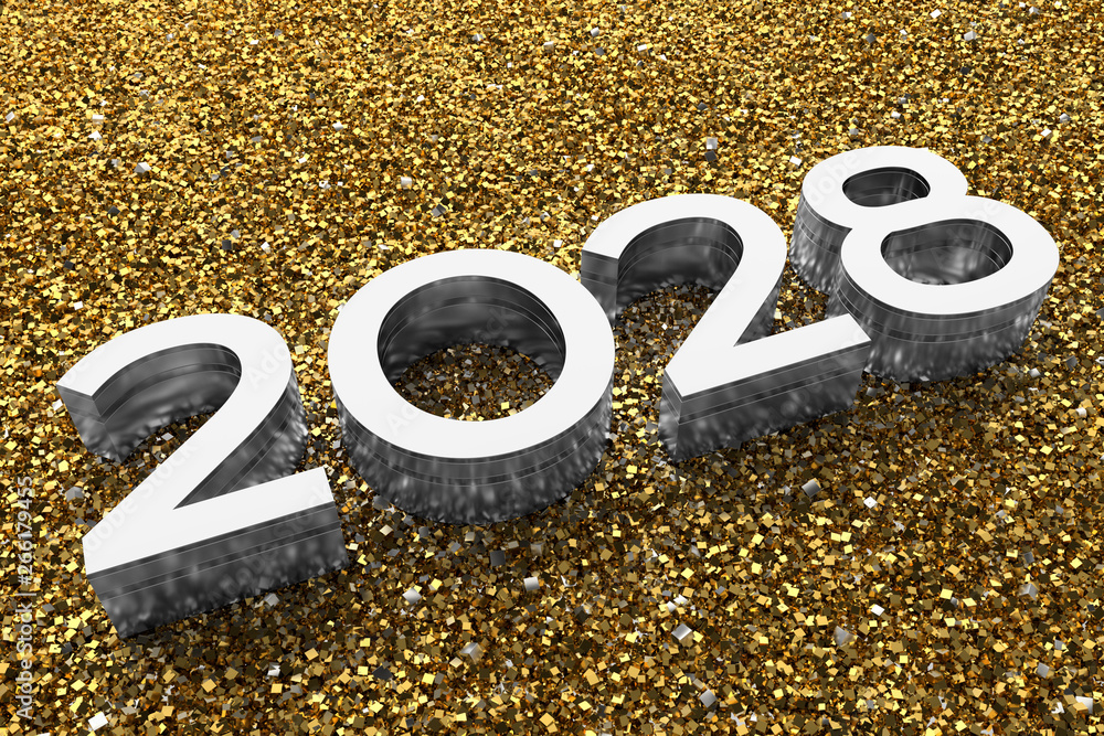 Poster 3d rendering illustration. metal 2028 title. abstract background with year number.