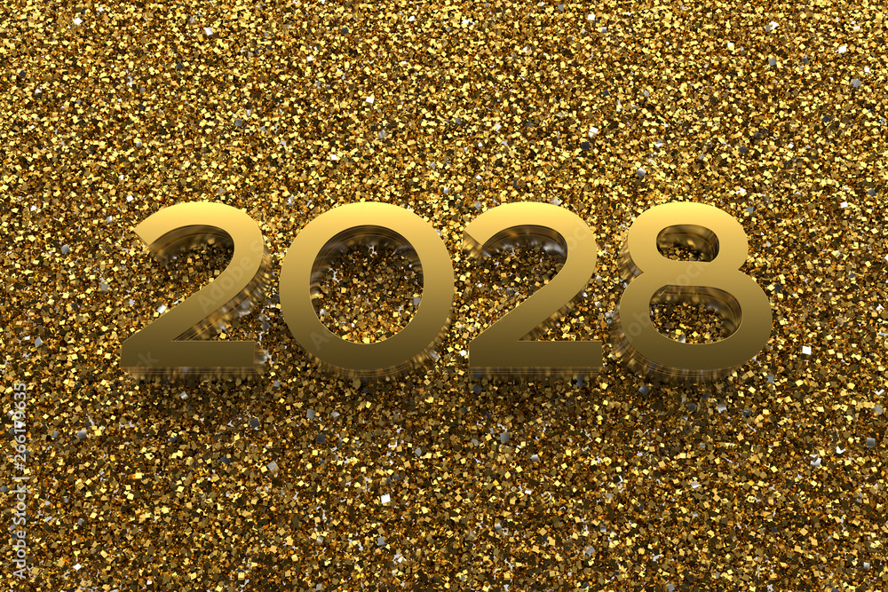 Poster 3d rendering illustration. metal 2028 title. abstract background with year number.
