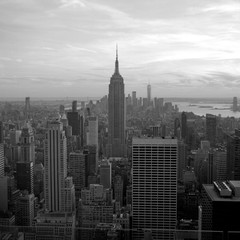 View of Empire State Building and Lower Manhattan. Scanned black and white film photo. Captured...