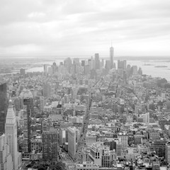 View of Lower Manhattan from the top of Empire State Building. Scanned film photo. Scanned black...