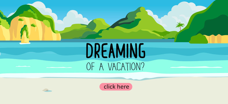 Travelling banner flyer or landing page for a tour operator or travel agengy. Vector illustration of an island and a beautiful tropic lagoon and an exotic beach with white sand. Summer theme.