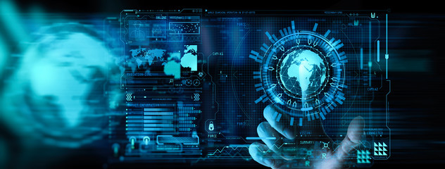 Hand working with the earth with network line with point on the star and world modern UI with Internet Network concept.