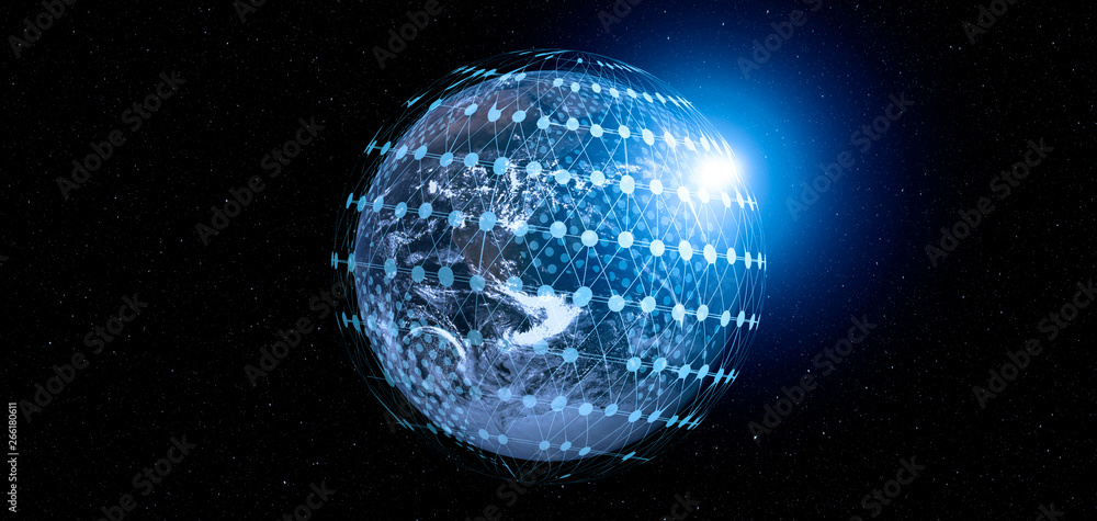 Poster Communication technology for internet business. Global world network and telecommunication on earth cryptocurrency and blockchain and IoT. Elements of this image furnished by NASA
