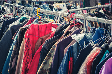 second hand clothing, vintage fashion on flea market, Berlin -