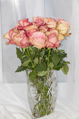 flowers, bouquet, vase, pink, roses, buds, petals, beauty, tenderness