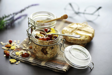 Healthy breakfast. Muesli from cereals with milk berries.