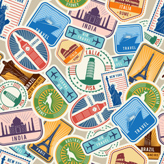 Image of Travel pattern. Immigration stamps stickers with historical cultural objects travelling visa immigration vector textile seamless design. Illustration of sticker travel, national landmark label printed on Printed Glass Splashbacks